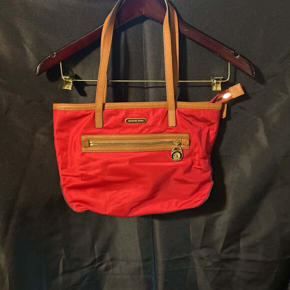 Michael Kors Kempton Red Nylon & Brown Leather Trim Tote Bag - Picture 1 of 5